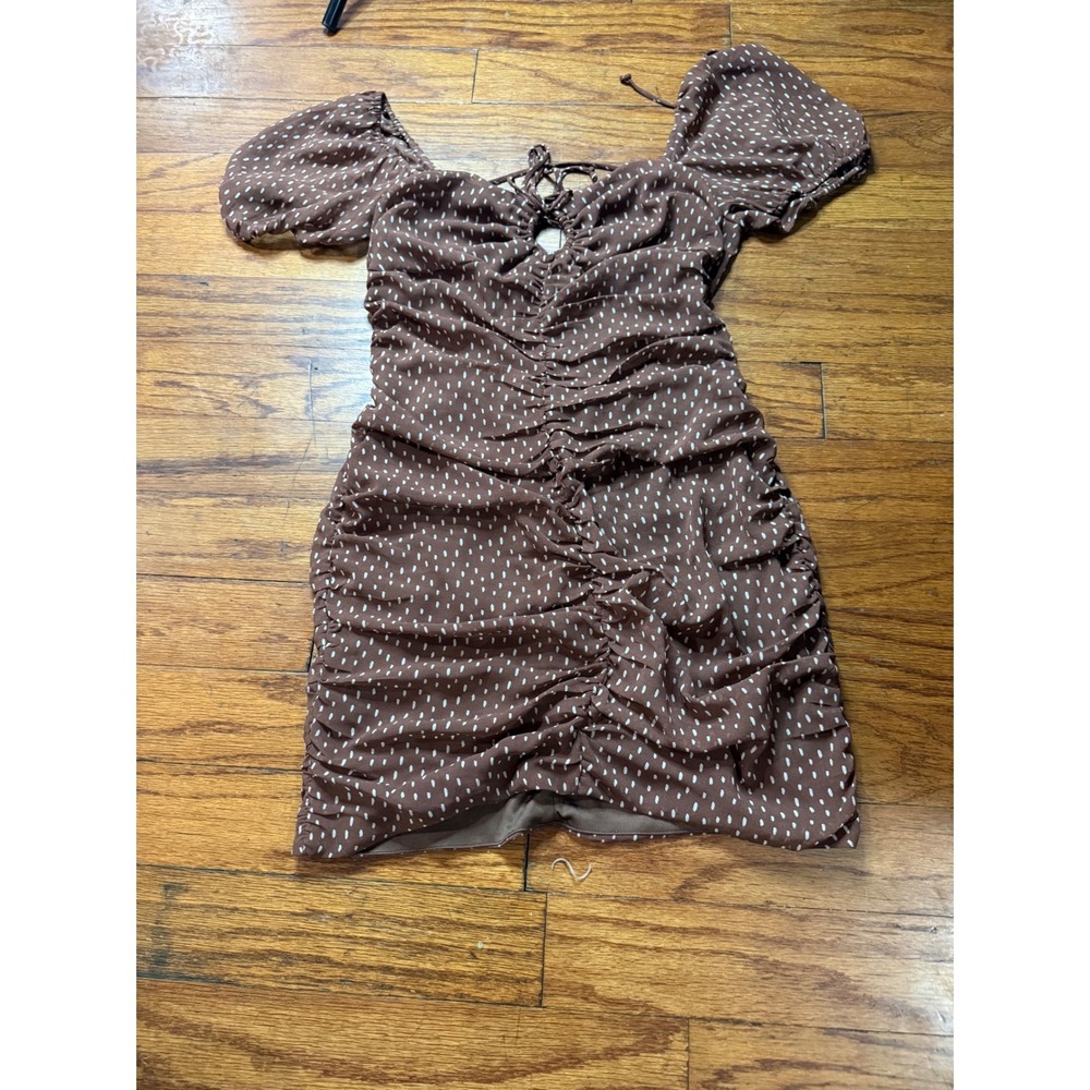 Stella Laguna Beach Brown Dotted Ruched Puff Sleeve Lace Up Mini Dress Medium